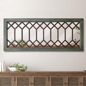 TopCity Farmhouse Mirror Decorative Rustic Wall Mirror Large Vintage Wooden Framed Wall Decor for Bedroom, Living Room,Entryway,43.3X 17.7inch, Green