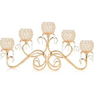 Gold 5 Arms 26.8 Inches Wide Crystal Pendant Bowl Tea Light Candle Holder, Large Bling Centerpiece Table Decorations, Metal Votive Candle Holders for Dining Table (Gold, Bowl-Shaped)