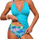 ZAFUL Tankini Swimsuits for Women Smocked Two Piece Tankinis Cute Swim Suit | Modest Tummy Control Bathing Suit Adjustable Straps Push Up Swimsuits with High Waisted Bottom Slimming Swimwear Turquoise S