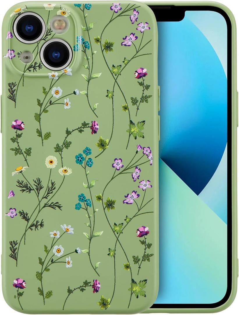 RALEAVO Floral Case for iPhone 13,Liquid Silicone Cover with Cute Flower Branch Pattern for Girls Women Slim Soft Rubber Protective Phone Case for iPhone 13 6.1",Green