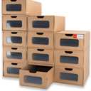 Shoe Boxes Cardboard, 12 Pack, Big Size, Waterproof, Heavy Duty, Stackable Shoe Storage Boxes, with Marking Labels, Transparent Window, 13.8" L x 9.3" W x 5.3" H