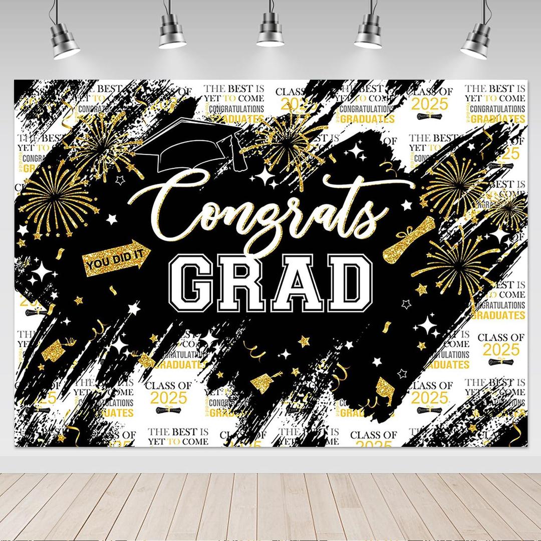 Mocsicka Graduation Backdrop Congrats Grad Black Gold Graduate Party Decorations Background Class of 2025 Photography Backdrops (7x5ft)