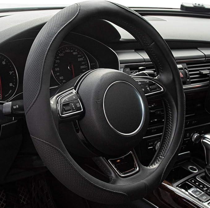 Black Universal Microfiber Leather Covers Breathable Anti-Slip Odorless Steering Wheels Accessories for Men Women, Standard Size