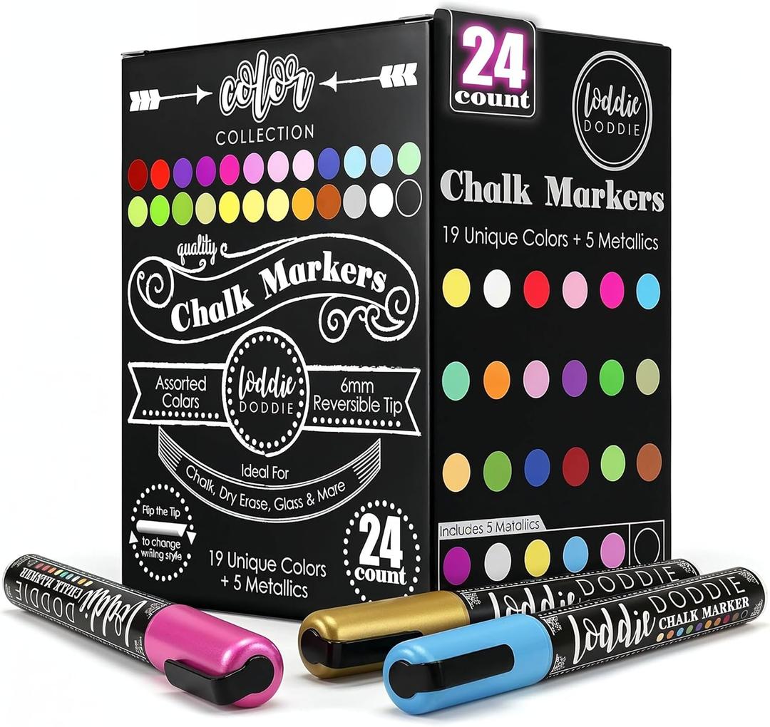 Loddie Doddie Chalk Markers - Pack of 24, 6mm Reversible Tips - Liquid Chalk Pens for Glass Surfaces & Windows - Erasable Pens for Chalkboard Calendar - Non-Toxic Chalkboard Markers