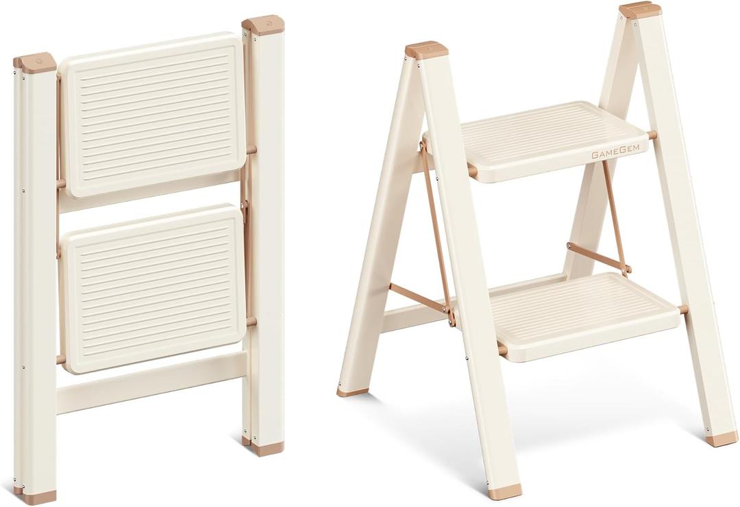 2 Step Ladder, 2 Step Stool for Adults, Folding Step Ladder with Secure Footing, Widened Pedal, Aesthetically Pleasing Looking, Blends Right into Domestic Rooms, Cream Chocolate
