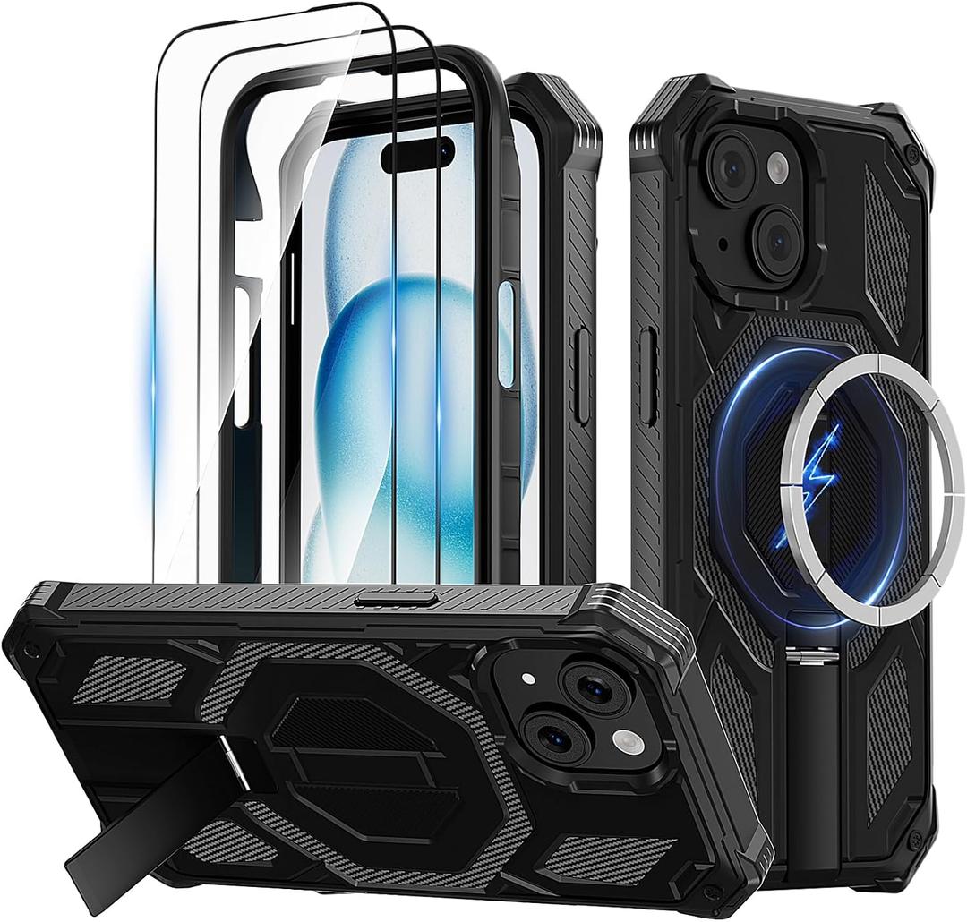 for iPhone 15 Magnetic Case with Stand & Screen Protector [Compatible with MagSafe] Non Slip Full Body Double Layer Heavy Duty Military Grade Shockproof Protection Cover, Black