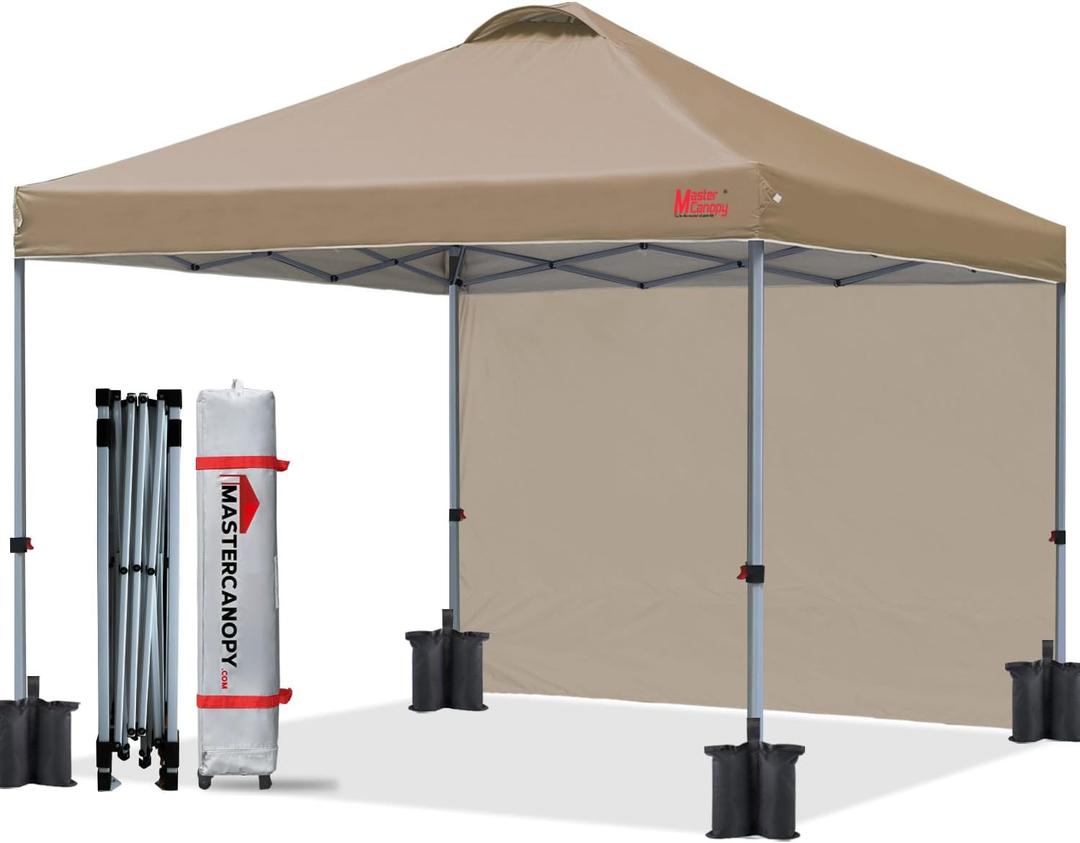 MASTERCANOPY Durable Pop-up Canopy Tent with 1 Sidewall (10'x10',Khaki) (10x10)