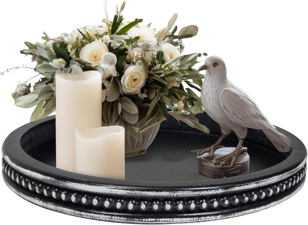 Round Candle Tray Holder, Decorative Tray Wood Tealight Pillar Plate, Small Rustic Candle Holder Farmhouse Tray Table Centerpiece for Christmas Wedding Halloween Home Decor(Black)