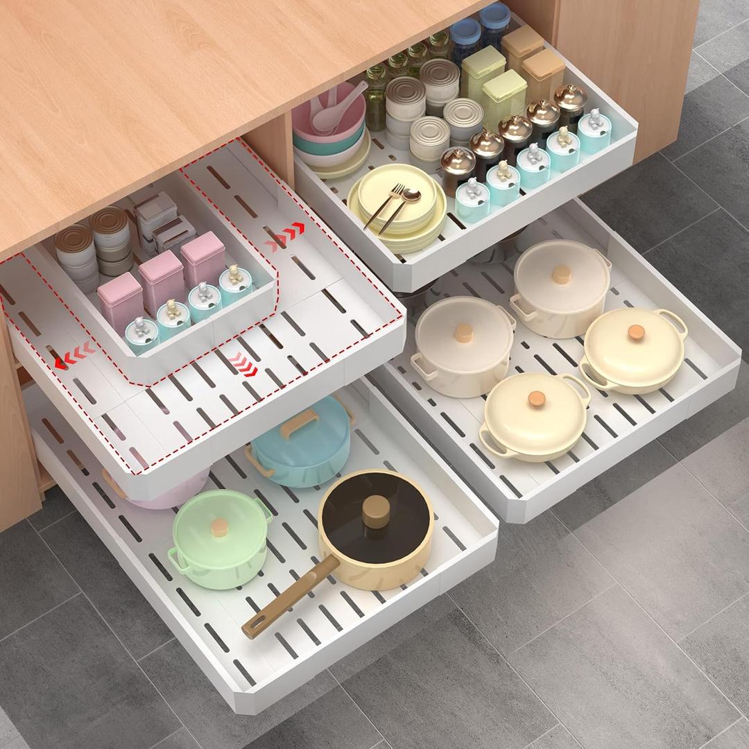 Pull out Cabinet Organizer 2 Pack,Adjustable Width (14"-19") and Depth (17"-24"),No Drill Slide out Drawers for Kitchen,Pantry,Adhesive Roll out Shelves,for Cabinets Without Lip,White
