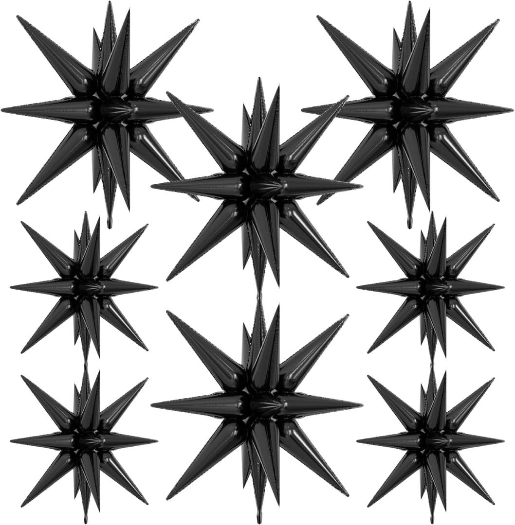 8Pcs Star Balloons, Explosion StarBalloons One-Piece 14 Point Black Foil Balloon 22 Inch 4D Spike Mylar Balloon for Graduation Wedding Anniversary Backdrop Birthday Party Decorations