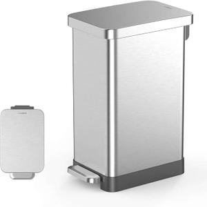QUALIAZERO 50L/13Gal Heavy Duty Hands-Free Stainless Steel Commercial/Kitchen Step Trash Can, Fingerprint-Resistant Soft Close Lid, Slim Shape (50L Slim)