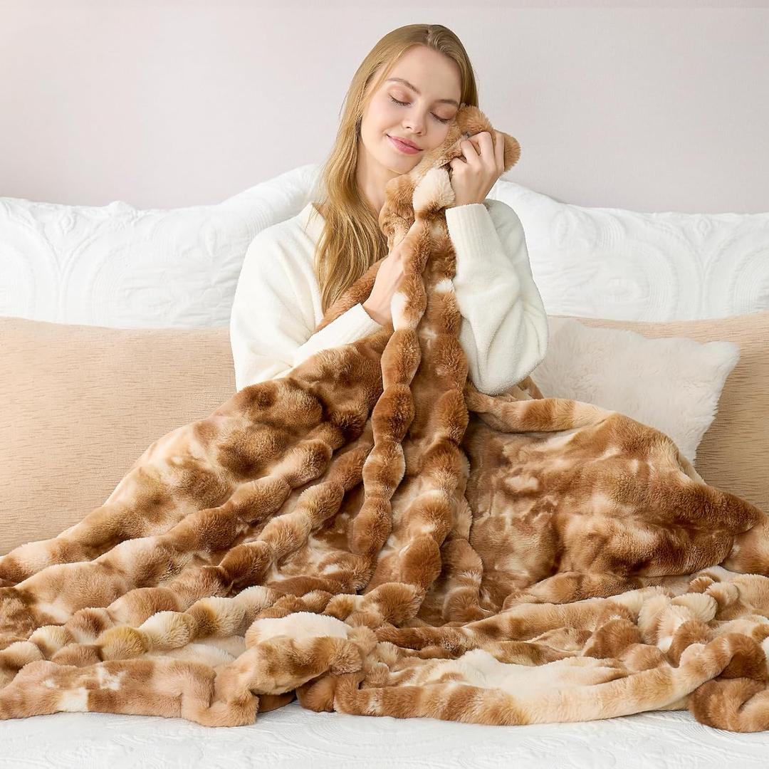 Cozy Bliss Deluxe Striped Rabbit Faux Fur Throw Blanket, Soft Fluffy Warm Plush Blanket for Winter, Modern Home Decor, Tie-dye Brown 60"x80"