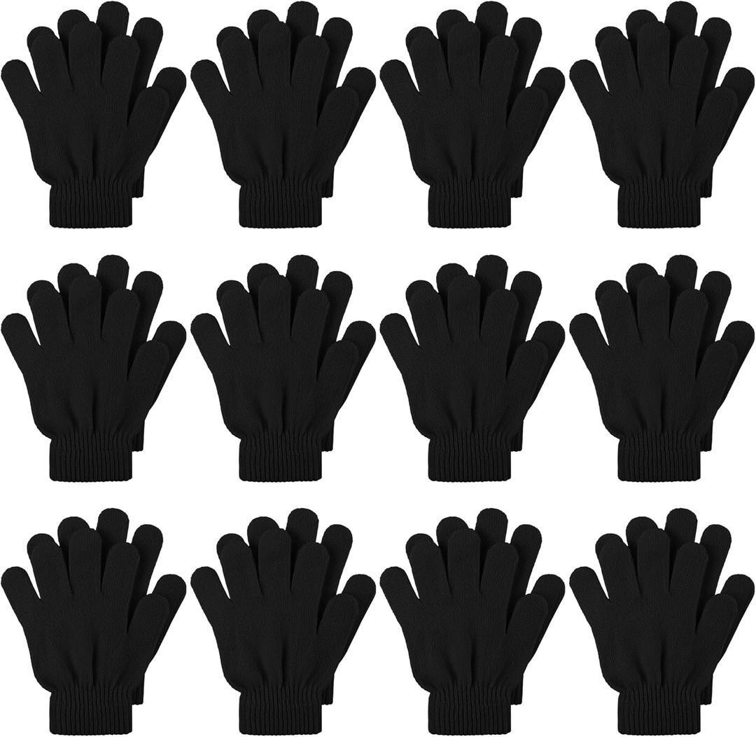 Cooraby 12 Pairs Kid's Winter Magic Gloves Children Stretchy Warm Magic Gloves Boys or Girls Knit Gloves for 6-12 Years (Black)