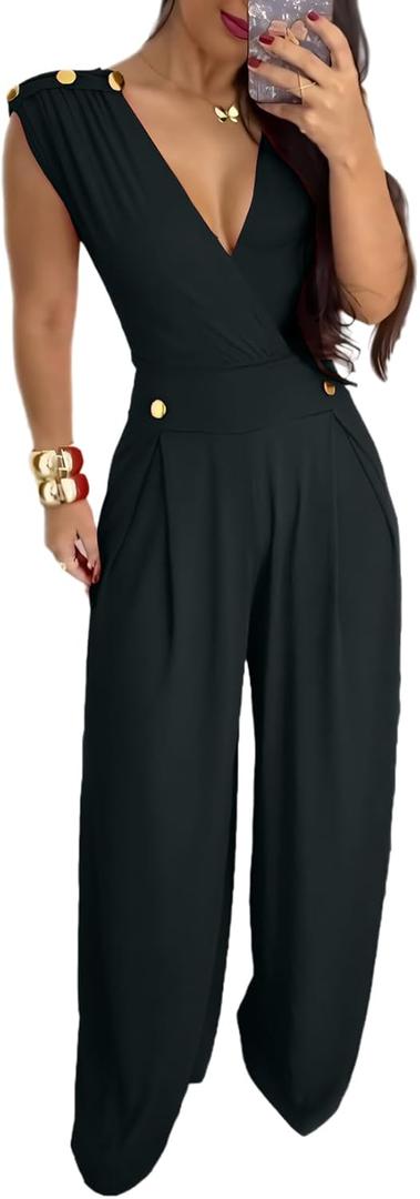 Ophestin Jumpsuits for Women Dressy Summer Sexy Wrap V Neck Buttons Wide Leg Pants Tank One Piece Jumpsuits Rompers (Small, Black)
