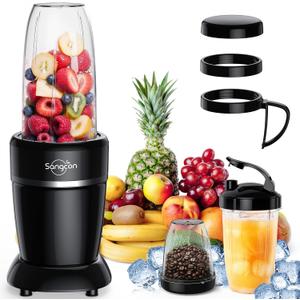 Sangcon 1000W Smoothie Blender for Kitchen, Blenders for Smoothies with (3) Cups (2) Spout Covers (1) Storage Cap (1) To-Go Cap, Portable Blender for Shakes, Ice Crushing, Frozen Drinks, Spices (Black)