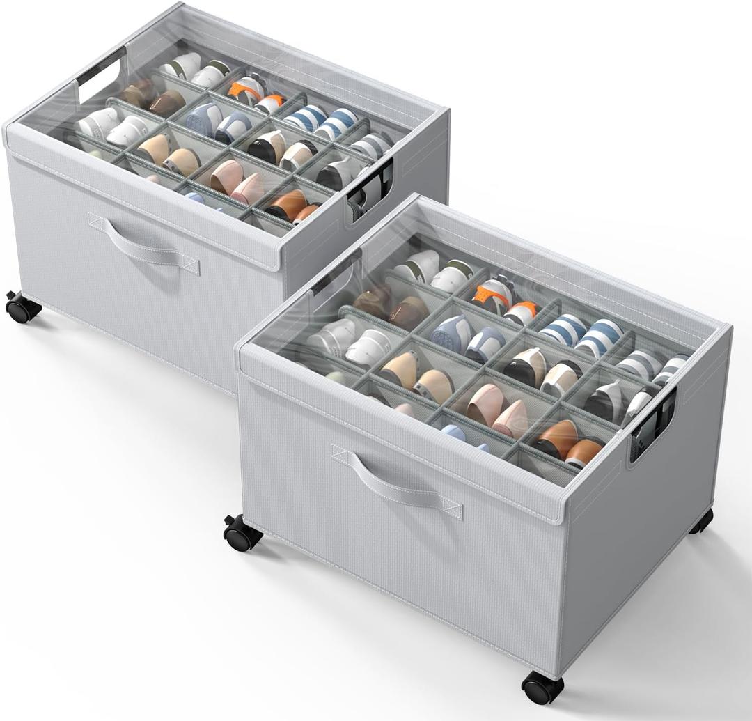 HOUSE AGAIN Shoe Organizer for Closet, 2 Pack Foldable Shoe Storage Organizer Box with Wheels and Adjustable Dividers, Sturdy Metal Frame Fits up to 16-32 Pairs, Large Shoes Storage with Clear Cover