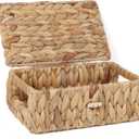Wicker Shelf Baskets with Lid, Rectangular Storage Basket Bins with Handles Handwoven Home Desk Organizer Decor Boxes (Natural, X-Small)