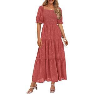PRETTYGARDEN Women's 2026 Summer Casual Midi Dresses Square Neck Short Sleeve Smocked A Line Floral Flowy Elegant Boho Dress (Red, L)