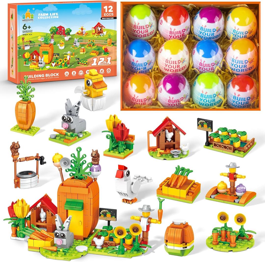 Easter Gifts Building Set for Kids -12-in-1 Bunny Carrot House Building Toy with Prefilled Eggs, Fun Easter Basket Stuffer & Decorations for Boys & Girls 6+, Rabbit Farm Life with Hen, Sheep, Flower