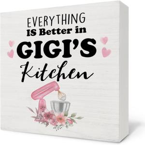 Gigi Gifts Wooden Box Sign, Best Grandma Mother's Day Birthday Gifts from Grandkids, Everything Is Better in Gigi's Kitchen Wood Block Plaque for Kitchen Counter Shelf Tabletop Decor 5x5 Inch