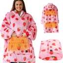 Heated Wearable Blanket Hoodie, 3 Heat Level Oversized Strawberry Blanket Hoodie for Women Without Battery Pack, Cozy Warm Sweatshirt Blanket, USB Heating Hooded Blanket w/Sleeves&Giant Pocket