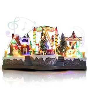 Vigdur Christmas Village Houses - Lighted Xmas Carousel & Rotating Train and 8 Xmas Songs, Christmas Animation Village Indoor Holiday Tabletop Decorations for Home Tabletop Gift