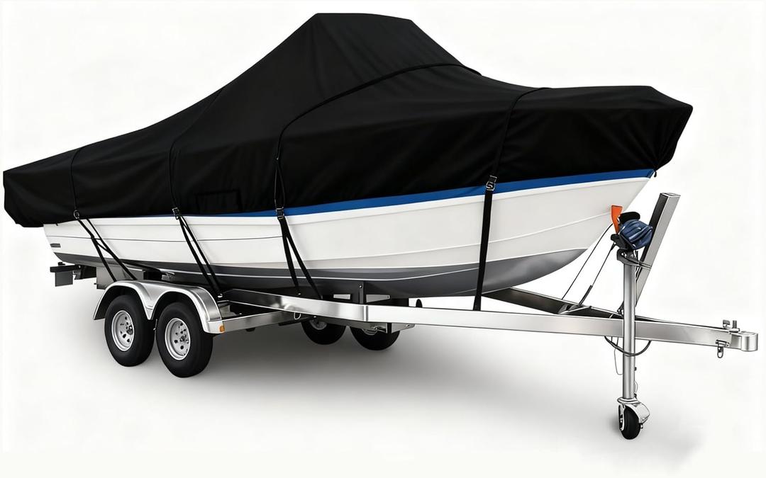 600D Heavy Duty Boat Cover 17-19 FT Universal All Weather Protection with Elastic Hem Black Marine Grade Waterproof Sunproof Storage