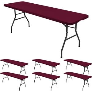 6 Pack Stretch Fabric Table Top Cap Cover, fits 8' Tables, Spandex Table Covers Washable Elastic Rectangle Tablecloth Protector for Indoor Outdoor Party Picnic Wedding, Wine Red, 30" W x 96" L