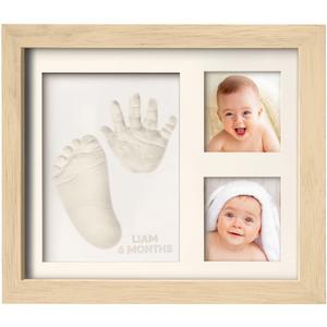 Baby Hand and Footprint Kit - Quick Dry Clay Baby Footprint Kit, Pets Paw, Newborn Keepsake Picture Frame for Boys, Girls, Personalized New Mom Gifts for Shower & Registry, Grandparents (Ash Wood) (Solo Keepsake Frame, 11" x 8.8")