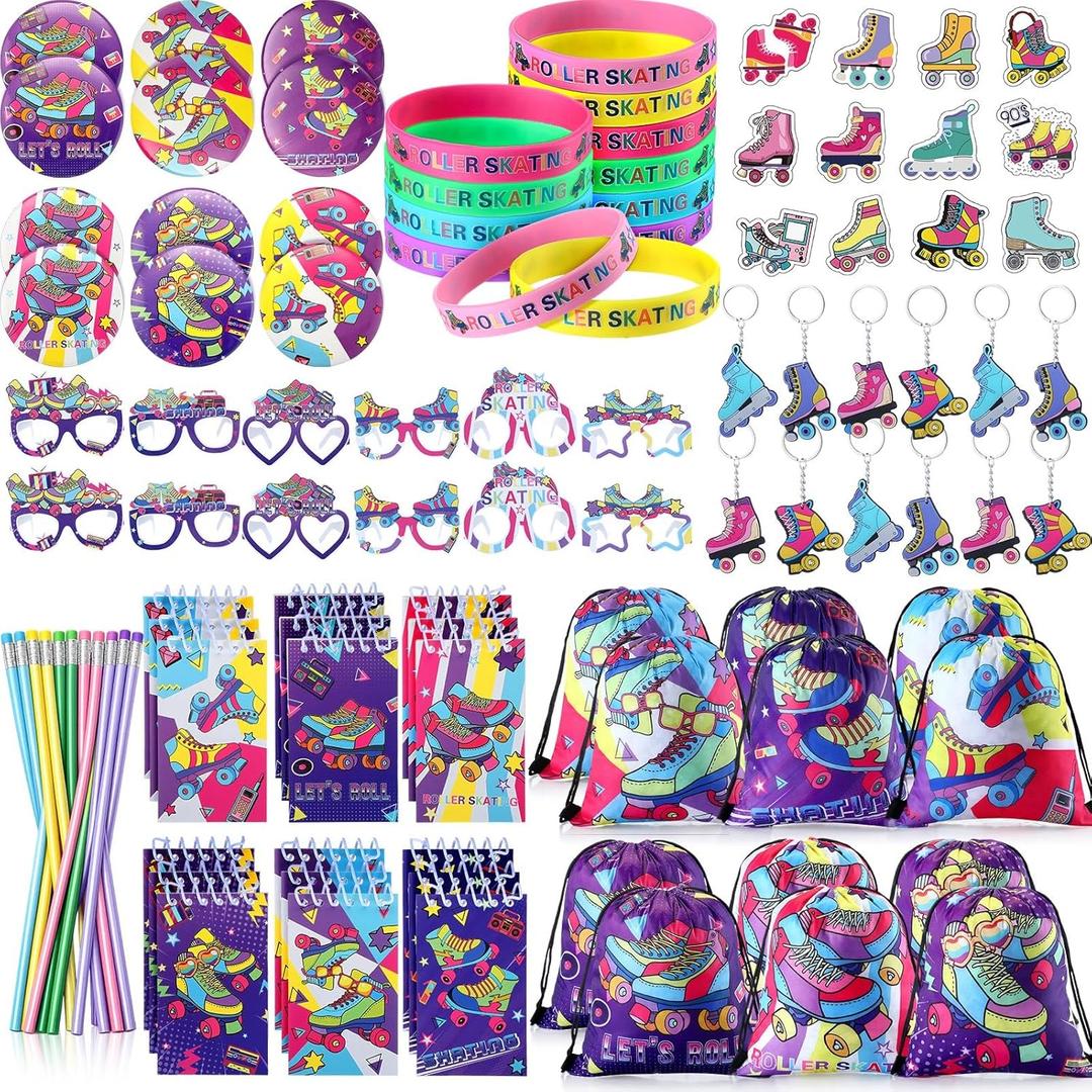 Tellingyou 140 Pcs Roller Skate Party Favors Includes 12 Drawstring Backpacks 12 Silicone Wristbands 12 Badges 12 Keychains 18 Notepads 12 Pencils 12 Slap Bracelets 50 Stickers for Retro Hip Hop Party