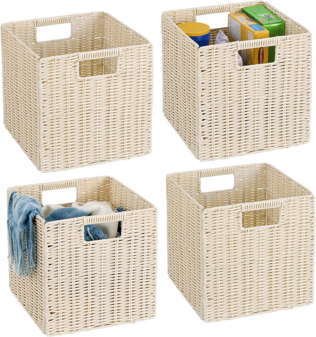 TAIMEI&G02 10.5 x 10.5 in Plastic Wicker Baskets for Cube Storage, Collapsible Square Wicker Storage Basket Set of 4, Rattan Storage Cube, Square Baskets for Shelves - lvory