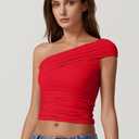 QINSEN Women's One Shoulder Sleeveless T-Shirt (Red)