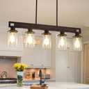 Farmhouse Dining Room Light Fixture Over Table, 5-Light Wood Kitchen Island Lighting, Black Adjustable Pendant Light with Clear Glass Shades, Linear Chandeliers Lighting for Kitchen