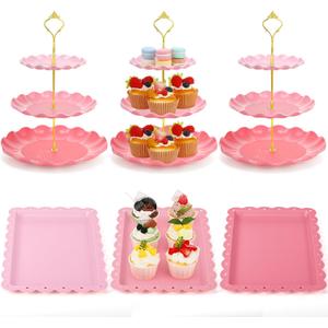 FoldTier 6 Pack Cupcake Stand Set 3 Pcs 3 Tier Gradient Dessert Table Display Stands Cookie Tray Rack 3 X14 in Rectangle Party Trays for Wedding Birthday Tea Party Baby Shower(Pink,Round)