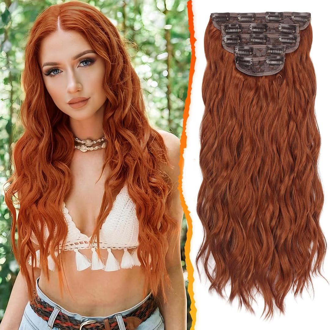 BARSDAR 20 Inch Wavy Clip in Hair Extensions 5PCS Thick Soft Synthetic Hairpieces Copper Red Full Head Clip in Hair Extensions for Women Long Voluminous Easy Wear for Daily Party Halloween