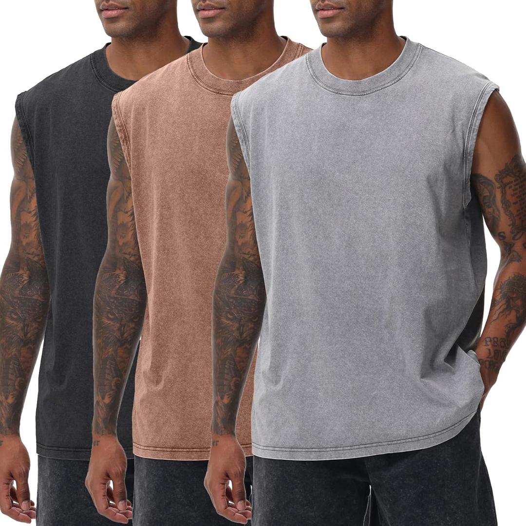 Mens Workout Tank Tops Sleeveless Tee Shirts Men Muscle Shirt Gym Acid Wash T Shirts Running Beach Loose Fit Tee (X-Large, Black+grey+coffee)