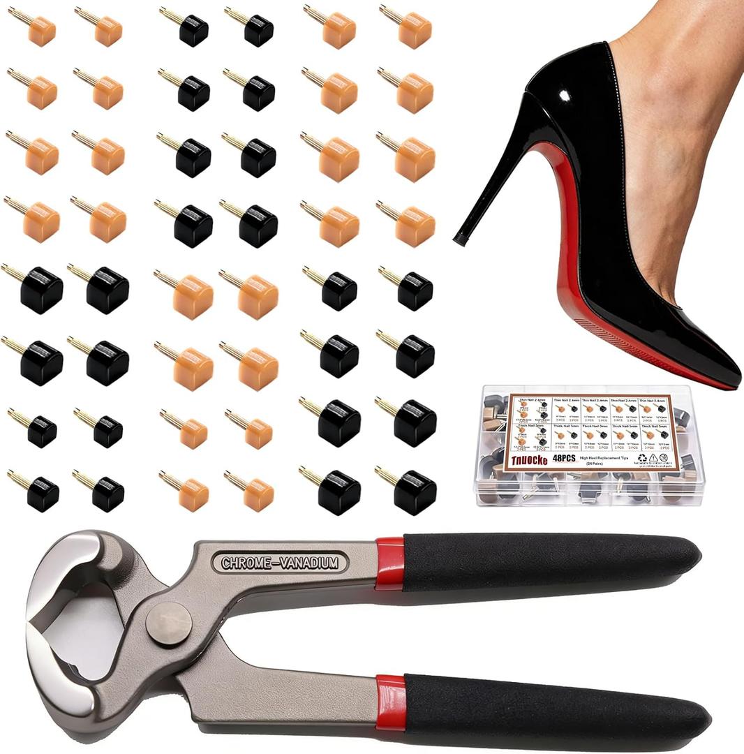 24 Pairs High Heel Replacement Tips, Women Heel Shoes Repair CapDowels Tips Pin Kit,with 6 Inch High Heel Remove Pliers, 8-12.5mm 6 Sizes Heel Tips Caps, U-Shape, Black Beige