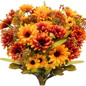 Fall Flowers Artificial for Decoration, 2 Pcs Fake Mums Silk Daisy Faux Bouquet Arrangements for Home Indoor Outdoor Table Room Wedding Party Fall Decor