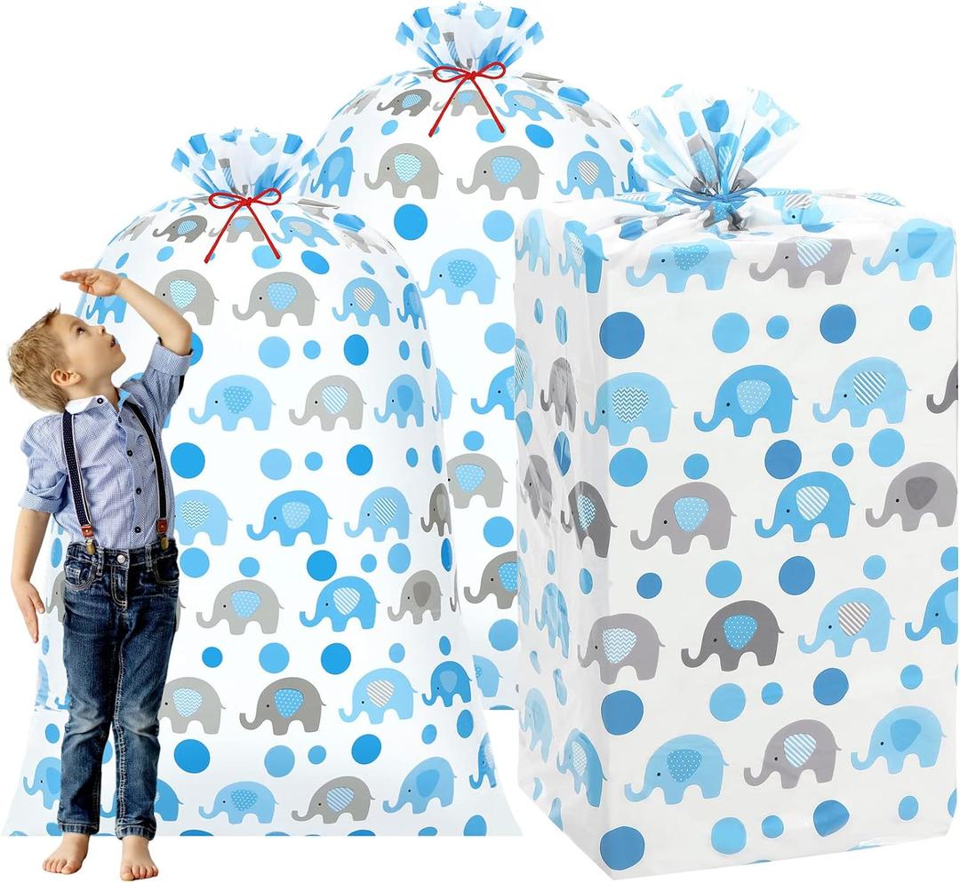 Zonon 3 Pcs 56'' Extra Large Baby Shower Bag Elephant Oversized Holiday Plastic Gift Bags Jumbo Storage Wrapping for Birthday Party Favors Gift Wrap(Blue)