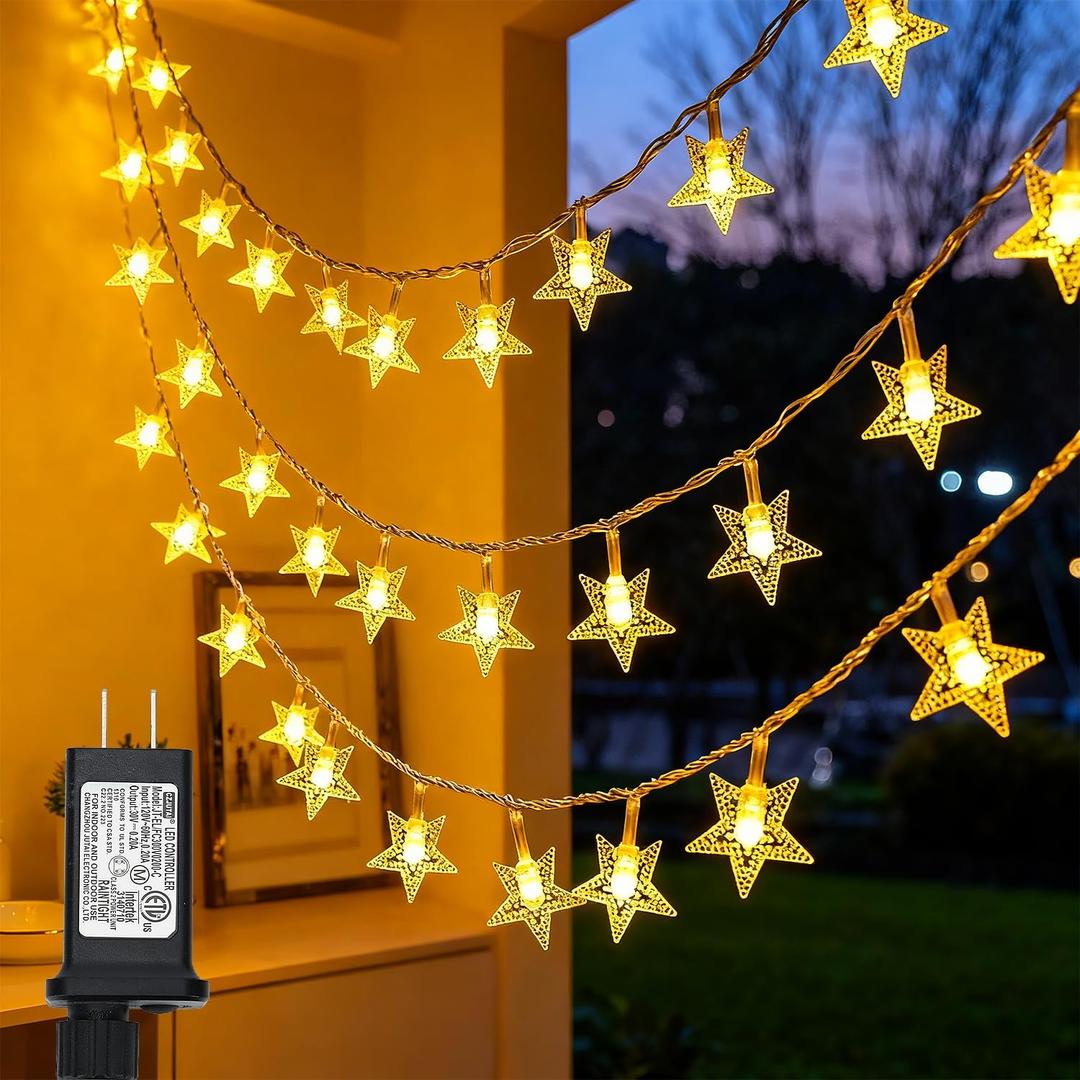 Twinkle Star 100 LED Star String Lights, 33FT Plug in Fairy String Lights Waterproof for Bedroom Decor, Indoor, Outdoor, Wedding Party, Christmas Tree, New Year, Ramadan, Warm White