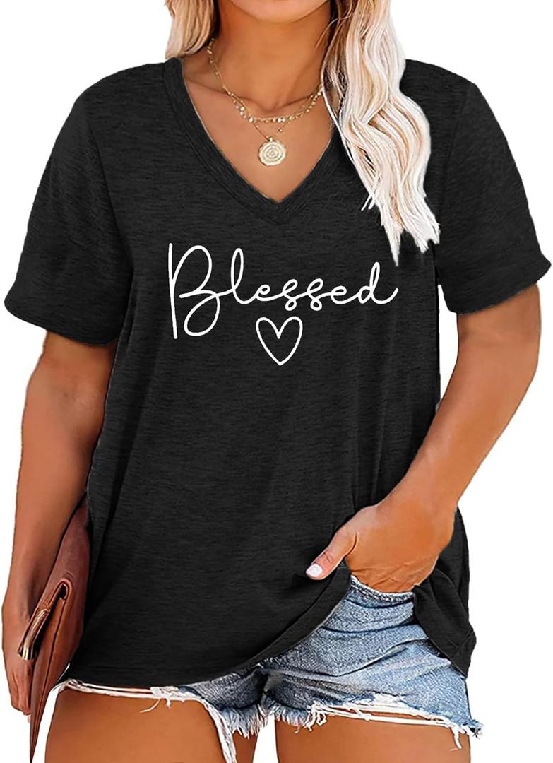 Plus Size Blessed Shirts Women V Neck T Shirts Short Sleeve Tshirts Summer Tops (2X, Black)