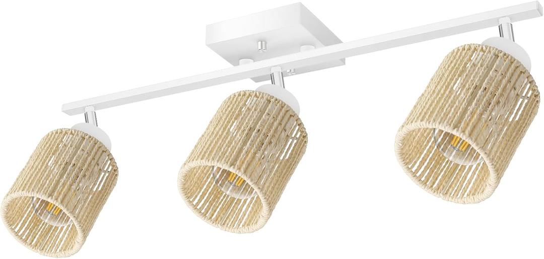 BoostArea 3 Light Track Lighting Kit, 3 Way White Ceiling Spot Lighting with Handwoven Hemp Rope Lampshade, Flexibly Rotatable Light Head for Kitchen, Living Room, Bedroom, Bulb Not Included