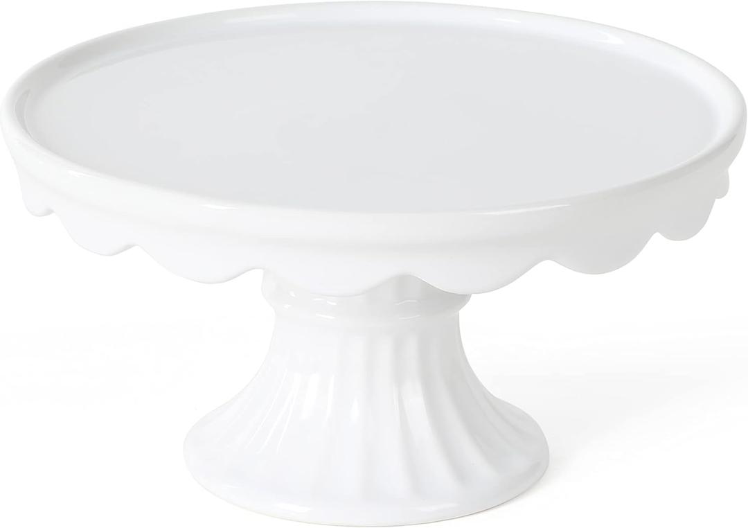 Martha Stewart Patterson 10" Round White Stoneware Pedestal Cake Stand, 5.1" Tall - Fits 9" Cakes | Elegeant Display Plate Stand for Parties, Weddings & Desserts