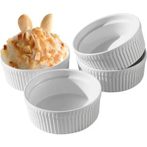 Cinf White 10 oz Set of 4 Souffle Dishes Ramekins Oven Microwave Safe Bowls Creme Brulee Sauce Cups for Baking Cooking Porcelain Individual Serving Size for Desserts