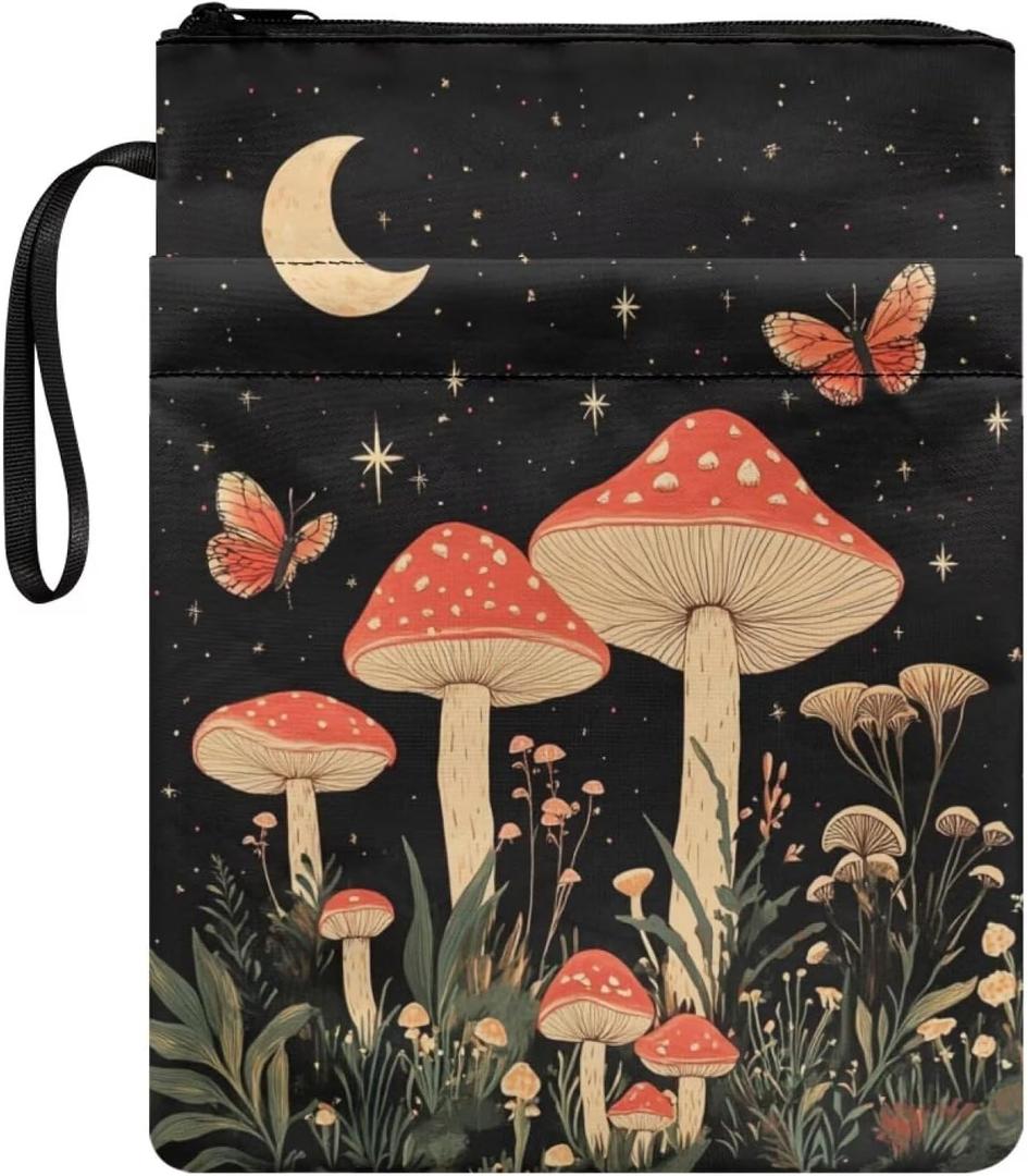 Doginthehole Cute Mushroom Butterfly Book Sleeve for Book Lovers with Strap Washable Fabric Book Protector Pouch Paperback Hardcover Book Cover Zipper Storage Bag for Teen Adult Book Lover