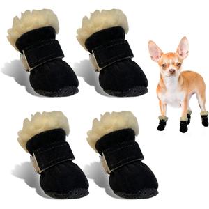 Dog Boots, Fleece Dog Shoes for Small Dogs, Anti-Slip Sole Dog Boots & Paw Protectors, Dog Winter Snow Booties for Outdoor Walking Running (S (< 4 lbs))