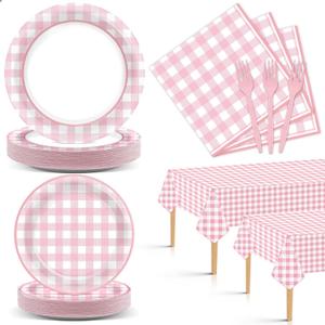 98 Pieces Pink checkered Party Supplies for 24 Guests Pink and White Checkered Tableware Set Plaid Plates Napkins Tablecloth Party Decorations for Birthday Barbecue Picnic Dinner Favors