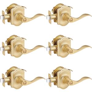 EHOMEWARE 6 Pack Gold Door Handles, Interior Door Knobs, Keyless Privacy Door Knob, Door Locks for Bedrooms, Bathroom Door Knob, Reversible for Left/Right Handed Doors, Stylish Wave Door Lever (Satin Brass)