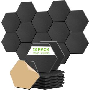 12 Pack Acoustic Panels, Black Hexagon Panels, Self-Adhesive Acoustic Foam Tiles, Sound Proof Panels for Recording Studio Gaming Room Home Office, Absorb Noise and Eliminate Echoes (Black)