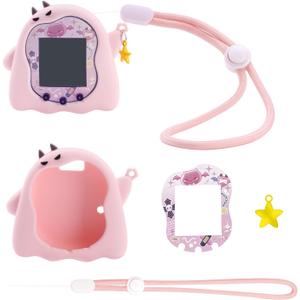 Silicone Case for Tamagotchi Uni, Soft TPU Protective Cover with Screen Decoration Protector and Adjustable Wrist Strap - Little Devil (Pink)